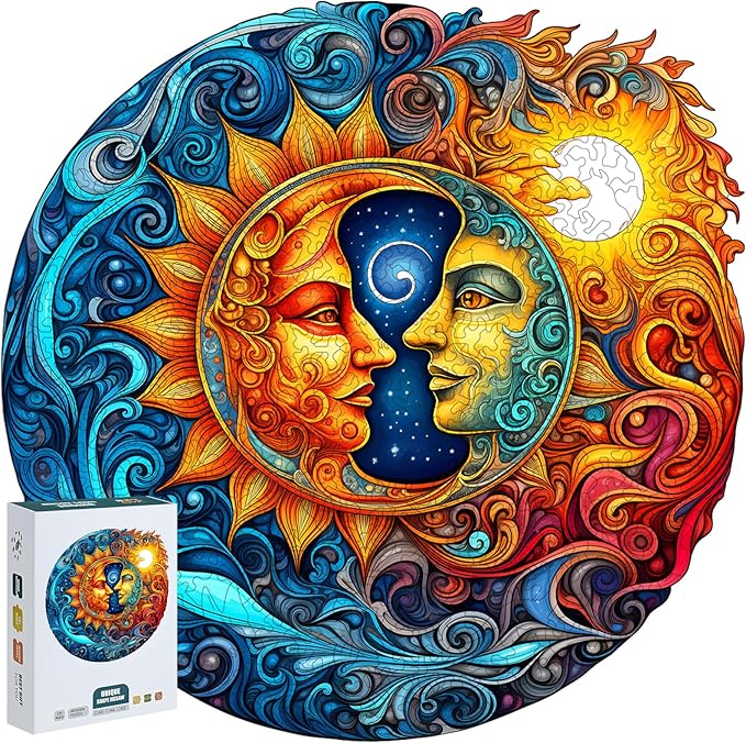 Wooden Jigsaw Puzzle 500 Pieces for Adults - Circular Celestial Sun & Moon Art Puzzle with Intricate Swirl Patterns, Challenging Family Leisure Game, Unique Home Decor & Gift Idea