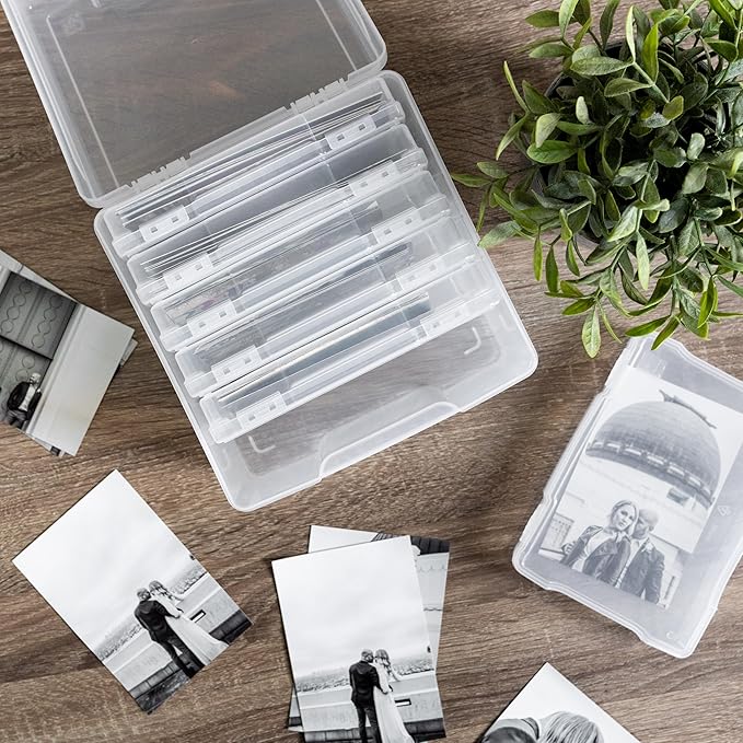 IRIS USA 5" x 7" Photo Storage Box Craft Keeper, Transparent Protection Container with 6 Organization Holder Cases for Pictures, Tasks, Scrapbooking, Stationery Storage, Clear