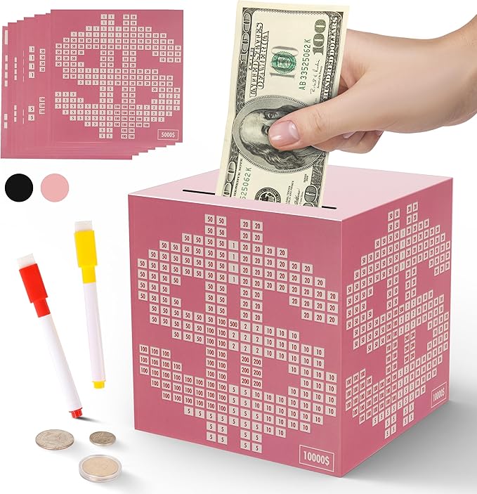 Primo Lines Piggy Bank for Adults Must Break to Open, with Savings Counter & Goal Tracker, Unbreakable Stainless Steel Money Box for 10K Challenge $3000 $5000, Kakeibo (4.72 Inch)