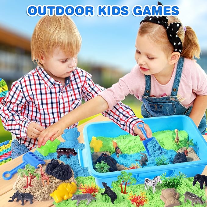 Billeeit Animal Sensory Bin Sand Toy, Play Sand Kit w/lid and 2.2lbs Magic Sand, Molds, Tools, Map Set 35pcs Total, Fun Gift for Kids 3+