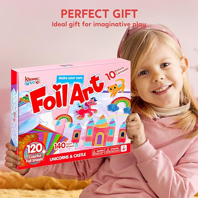 Klever Kits Foil Art Kit for Kids - Arts & Crafts Supplies, Mess Free Coloring, Foil Foam Stickers, Creative Travel Toys, Birthday Gifts for Boys & Girls Ages 4 and Up