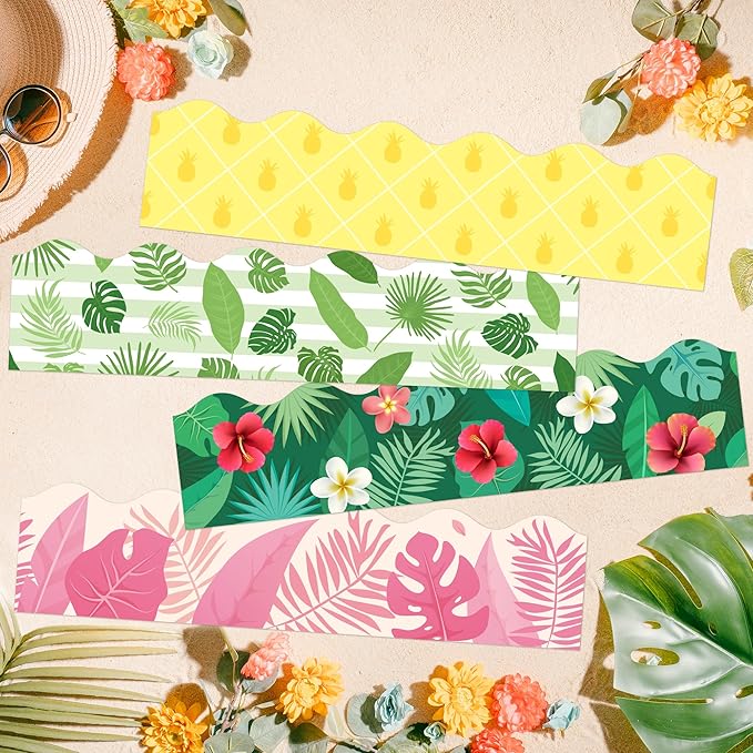 BeYumi Hawaii Tropical Border Trim - 80Pcs Back to School Hawaii Tropical Bulletin Board Borders Palm Leaf Flower Pineapple Decor Classroom Office Chalkboard Poster Summer Holiday Party Decoration