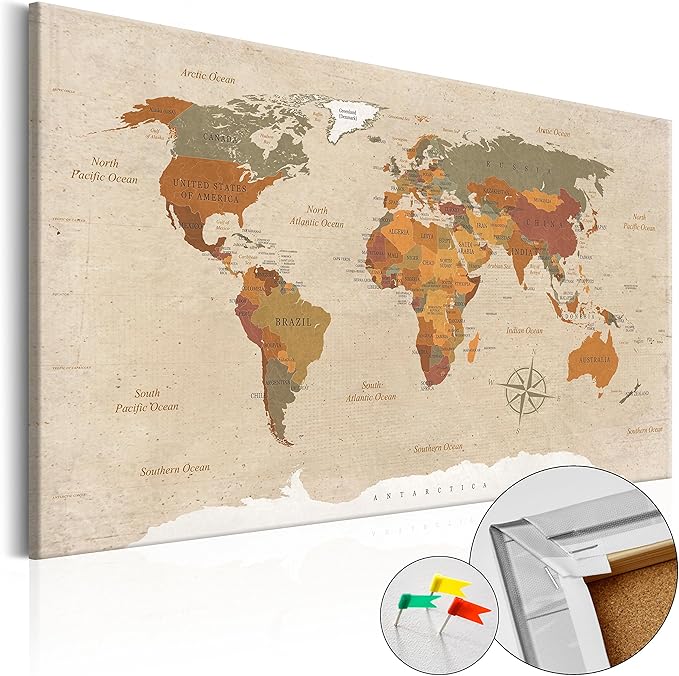 artgeist Pinboard World Map 35x24 in - Cork Board & Canvas Print Wall Art 1 pcs Memoboard with 50 Pins Noticeboard Message Board Image Picture Home Decor Travel Map k-C-0048-p-d