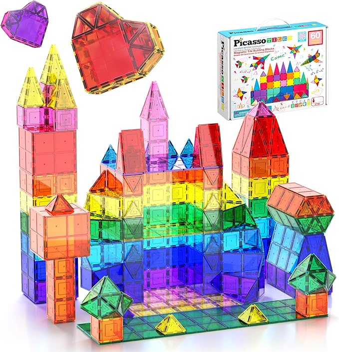 PicassoTiles 60 Piece Set 60pcs Magnet Building Tiles Clear Magnetic 3D Blocks Construction Playboards - Creativity Beyond Imagination, Inspirational, Recreational, Educational, Conventional