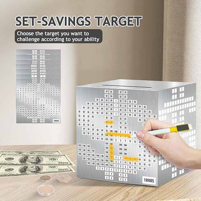 Primo Lines Piggy Bank for Adults, Stainless Steel Money Box, Unbreakable Piggy Bank Metal Cash Box, 10k Savings Challenge Box, 4.72 inch Money Saving Box with Counting Stickers for Savings Goal