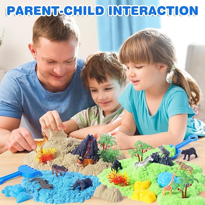 Billeeit Animal Sensory Bin Sand Toy, Play Sand Kit w/lid and 2.2lbs Magic Sand, Molds, Tools, Map Set 35pcs Total, Fun Gift for Kids 3+