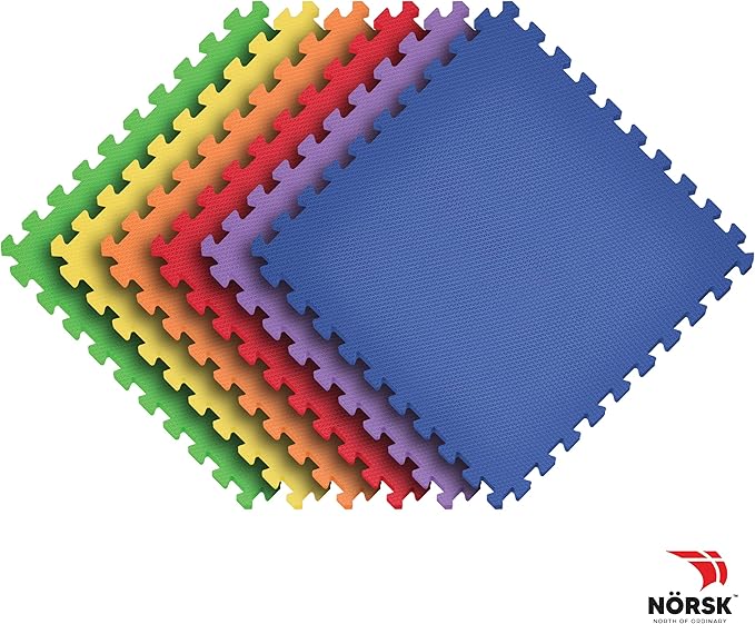 Norsk Kids Puzzle Play Mats Interlocking EVA Foam Floor Tiles Solid Color, 6 Tiles - 24 Sq. Ft., 1/2" Thick, Rainbow Pack