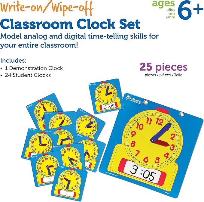Learning Resources Write & Wipe Clocks Classroom Set - 25 Pieces, Ages 6+ Laminated Dry-Erase, Teaching Aids, Teacher Supplies, Learning Time,Back to School Supplies
