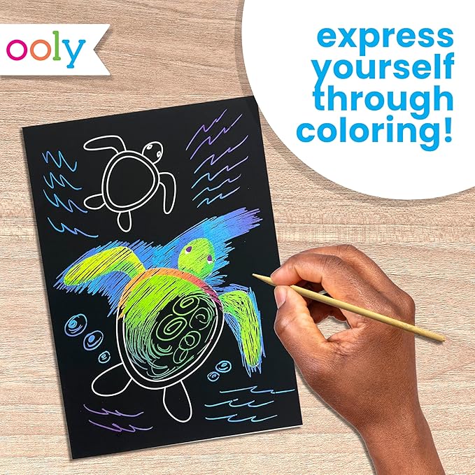 Ooly Scratch & Scribble 10pc Art Kit with 8 Total Scratch Cards (4 Illustrated, 2 Blank, 2 Rainbow) with Scratching Tool and Sparkled Stickers, Art Set Gifts for Kids - Ocean Life