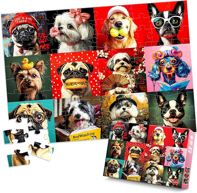 100 Piece Puzzles Multicolor Fun Dogs, Large Piece Jigsaw Puzzle for Kids Ages 4-6 6-8 8-10, Puppy Theme Puzzles for Teens Seniors Adults, Collection Gift Home Art Decor Toys Gifts for Girls Boys