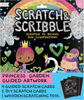 Ooly Scratch & Scribble 10pc Art Kit with 8 Total Scratch Cards (4 Illustrated, 2 Blank, 2 Rainbow) with Scratching Tool and Sparkled Stickers, Art Set Gifts for Kids - Princess Garden