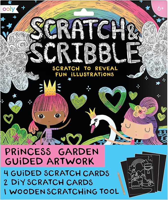 Ooly Scratch & Scribble 10pc Art Kit with 8 Total Scratch Cards (4 Illustrated, 2 Blank, 2 Rainbow) with Scratching Tool and Sparkled Stickers, Art Set Gifts for Kids - Princess Garden