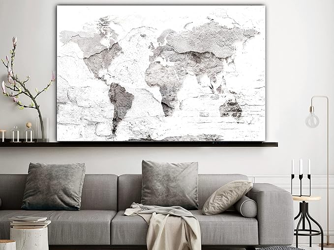 artgeist Textured Canvas Wall Art World Map 24x16 in - 1pcs Painting Canvas Prints Picture Artwork Image Framed Modern Photo Wall Home Travel Stone Effect k-C-10014-b-a