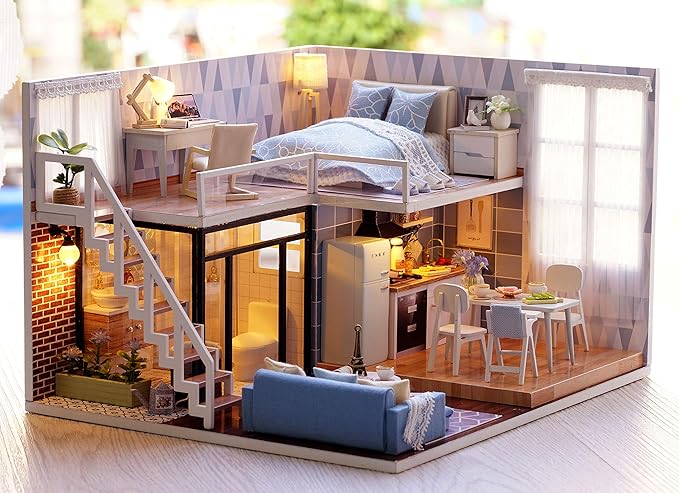 CUTEROOM DIY Miniature Dollhouse Kit with Furniture,Wooden Doll House Plus Music Movement & LED Lights, DIY House Kit for Christmas Birthday- Blue Times