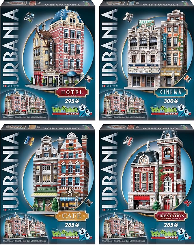 Wrebbit 3D Urbania Collection 3D Puzzle Bundle | Includes Hotel, Cinema, Café and Fire Station | 1165 Pieces Jigsaw Puzzle Pieces Total | Build a Charming and Unique Streetscape of a Small Town
