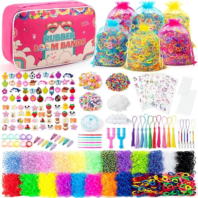 Sundaymot 18000+ Rubber Loom Bands Kit, Loom Bracelet Making Kit for Girl, with Canvas Bag, Charms Beads, DIY Art Craft Set, Rubber Band Bracelet Kit Creative Birthday Gifts for Girls and Boys