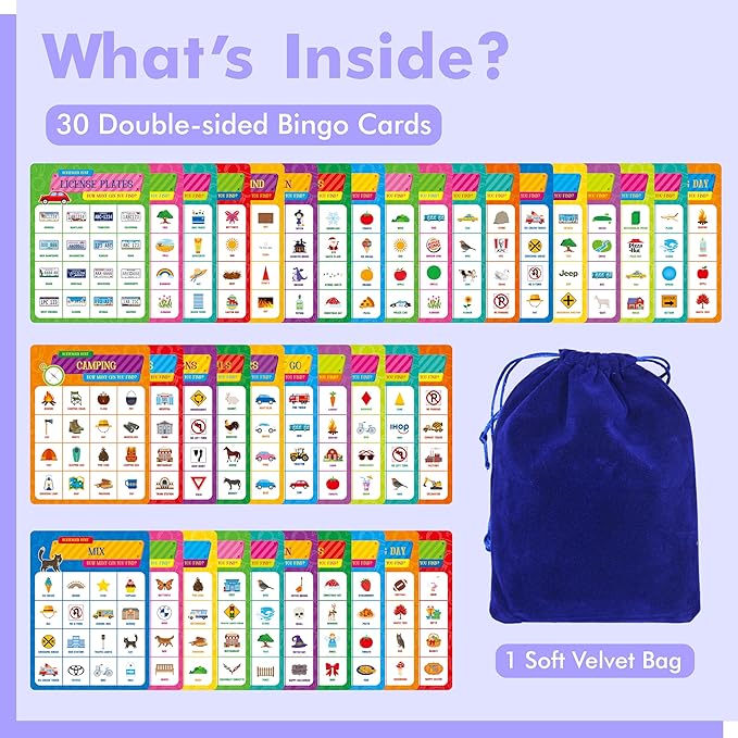 Road Trip Bingo Game, 30 Double-Sided Game Boards (Animal, Holiday, Building, Vehicle Themes), Dry-Erase Scavenger Hunt Bingo Games for Road Trip, Car Travel, Outdoor Activities for Kid, Adult