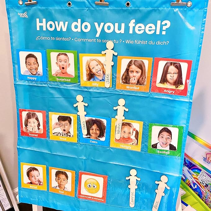 hand2mind Express Your Feelings Pocket Chart, Emotions Chart for Kids, Classroom Decorations for Preschool Teachers, Daycare Decor, Social Emotional Learning Activities, Calm Down Corner Supplies