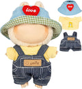 17cm Doll Clothes for Labubu - Kawaii Chic Style Set for 17cm Dolls, Cute Doll Outfit with Accessories - Denim Romper + Yellow T-Shirt + Heart Shaped Blue Hat (Clothes Only)