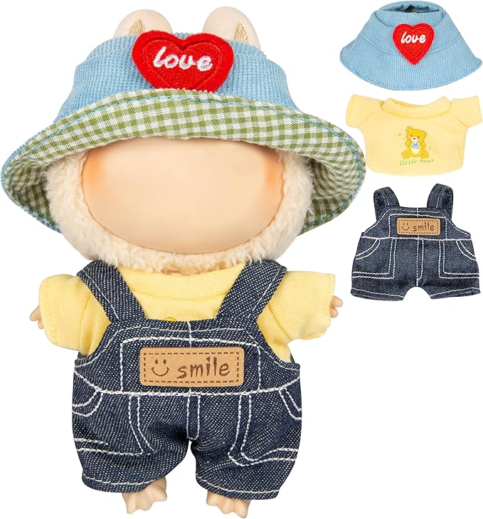 17cm Doll Clothes for Labubu - Kawaii Chic Style Set for 17cm Dolls, Cute Doll Outfit with Accessories - Denim Romper + Yellow T-Shirt + Heart Shaped Blue Hat (Clothes Only)