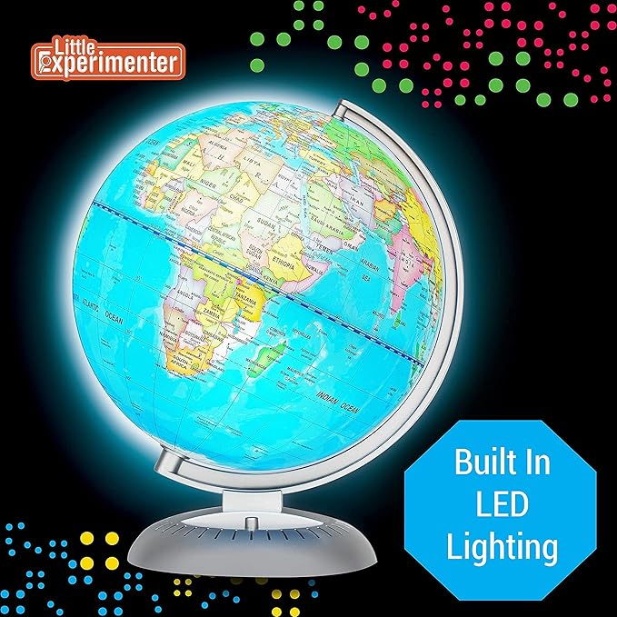 Little Experimenter 8” Illuminated Globes for Kids - Light Up World Globe With Stand, Best Gift Ideas for Children, Educational STEM Toys for All Ages, Gifts for Boys And Girls Ages 8-12+ Years Old