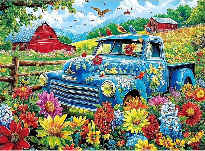 500 Piece Puzzles for Adults & Family - Songbirds Farm Jigsaw Puzzle with Recycled Cardboard | Vintage Truck, Red Barns & Wildflowers | 21x15 Inch Art Puzzle Gift