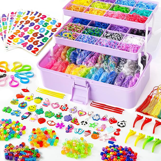 INSCRAFT 17500+ Rubber Loom Bands with 3 Layer Light Purple Container, 28 Colors, 600 S-Clips, 352 Beads, 40 Cartoon Pendant, Bracelet Making Refill Kit for Kids