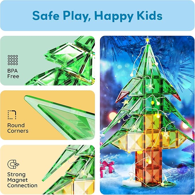 PicassoTiles 106pc Magnetic Tiles LED Light-Up Tree Toy Holiday STEM Toys for Kids Educational Magnet Building Blocks Gift for Toddlers Boys Girls Christmas Montessori Puzzle Play Set Ages 3+ PT106