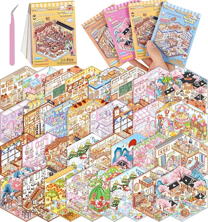 Pocket DIY 3D House Stickers, 32 Sets Fun DIY Sticker Scene Make Your Own Mini House Cute Cartoon Animal Scene Stickers for Kids Adult Sticker Art Relief Stress Pass The Time