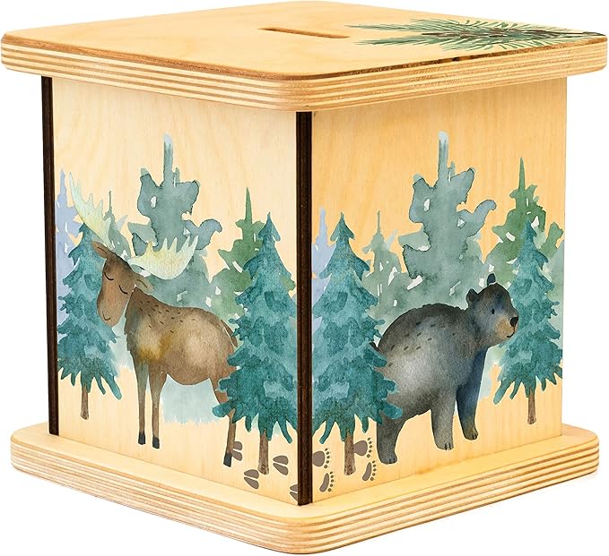 Wooden Piggy Bank for Kids and Adults, Personalized Gift Handmade in USA by BloomOwl, Custom Piggy Bank, Personalized Banks for Kids, Gifts for Baby Boys and Girls (Woodland Friends)