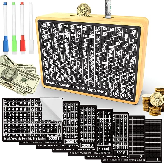 Piggy Bank for Adults Kids, Wooden Coin Bank for Boys and Girls, Cash Vault Money Saving Box with Counter $10000 $5000 $3000 $1000 Savings Challenge Money Box with Money Target and Numbers (Wood Box)