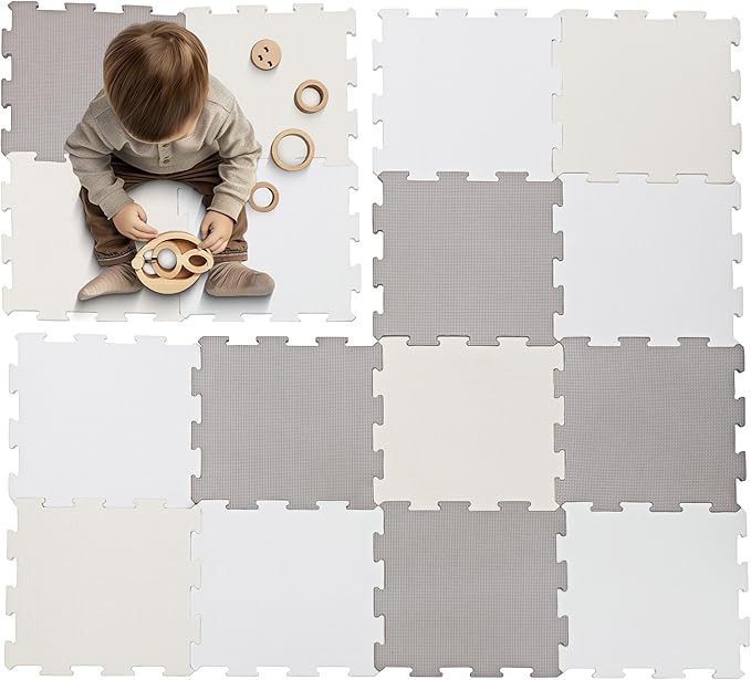 Enovoe Soft Baby Play Mat - Non-Toxic, Interlocking EVA Foam Tiles, 16 Pieces - Safe, Cushioned Floor Play Area for Kids, Infants & Toddlers - Ideal for Playrooms, Nurseries, and Home Gyms (12" x 12")