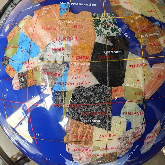 Limited Edition! Unique Art Since 1996 Blue Ocean Table Top Gemstone World Globe with 4-Legs Silver Zinc Alloy Stand (220MM/9 INCHES 4 LEG/BLUE OCEAN)