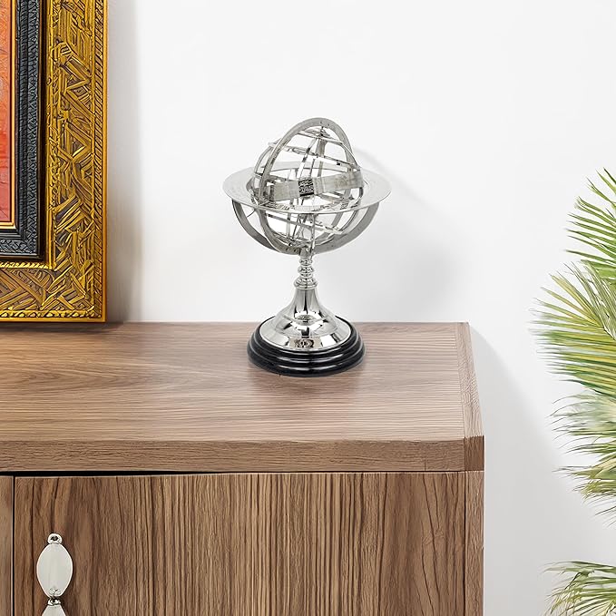 Antique Vintage Zodiac Armillary Brass Sphere Globe Wooden Display | Pirate's Antique Ship Decor | Nagina International (Medium, Nickel Plated)
