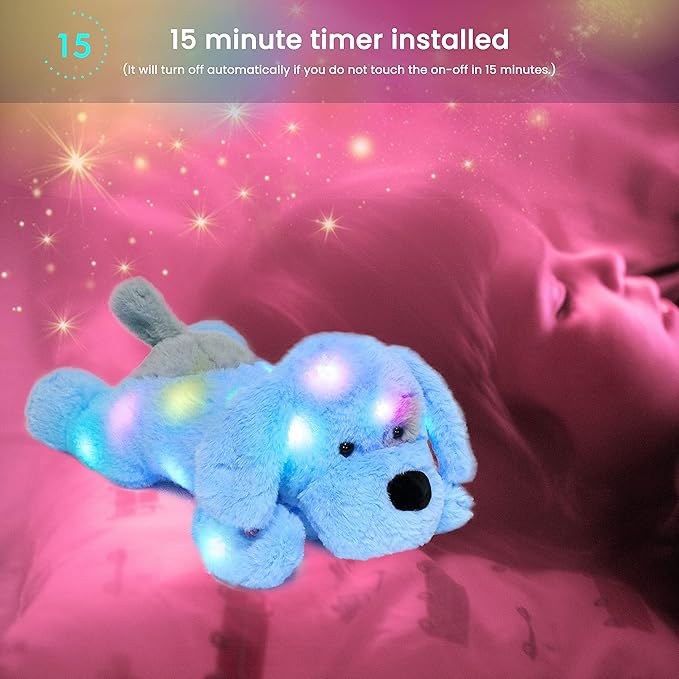 Hopearl Lighting Up Plush Puppy Adorable LED Stuffed Animal Dog Floppy Pup Night Lights Glow in The Dark Birthday Festival for Kids Toddler Girls, Blue, 17''
