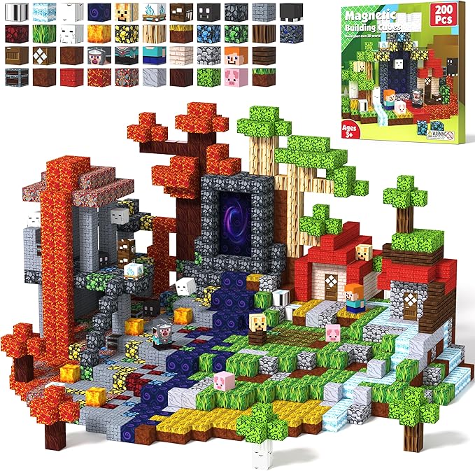 Magnetic Blocks 200 PCS Magnet Building Blocks Cubes Sensory Toys for 3-12 Years Old Gamer Player Kids, Stacking Magnets Birthday Christmas Graduation Gift Set, 0.8 Inch Block, Nether and Overworld