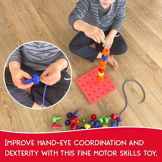 Foam Peg Board Toy - 36 Pegs, Foam Board, Lacing String, Storage Bag - Occupational Therapy Toys - Fine Motor Skills Toys for Toddlers and Kids (Red)