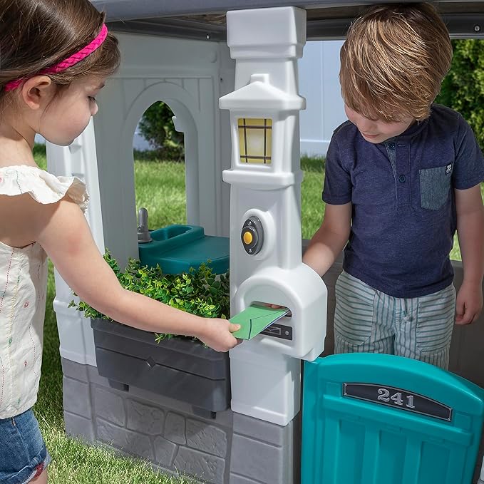 Step2 Neat & Tidy Cottage Kids Playhouse, Indoor/Outdoor Playset, Interactive Play with Sounds, Made of Durable Plastic, for Toddlers 1.5+ Years Old, Grey