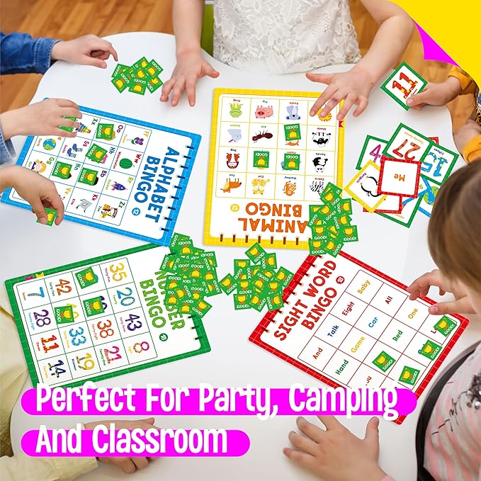 Family Bingo Game, Alphabet, Animal, Sight Word & Number Bingo Board Game, Counting and Matching Skills Classic Educational Game for Kindergarten and Preschool Kids, Perfect for Home and Classroom