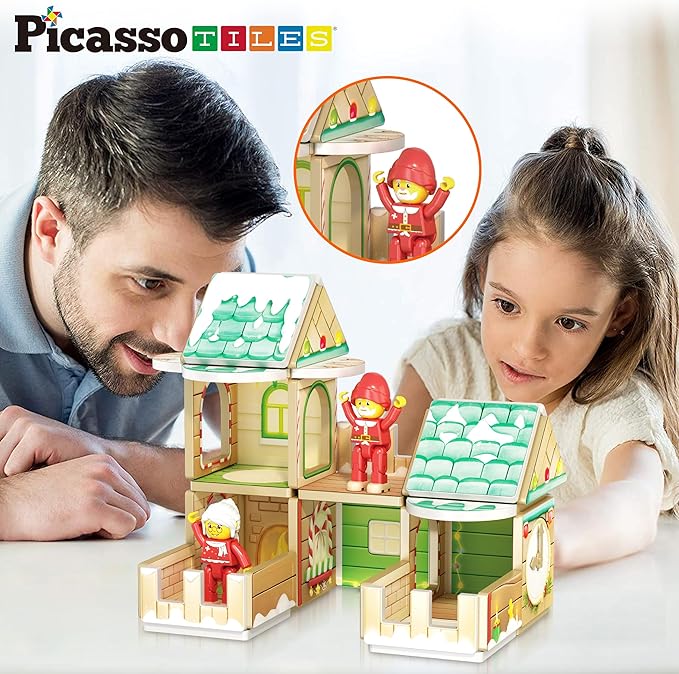 PicassoTiles Magnetic Tile Christmas Holidays Cottage Building Set with Santa Elves Nutcracker 6 Character Figures STEM Educational Construction Toy Winter Magnet Block Gift for Kids Age 3 Plus PTQ08