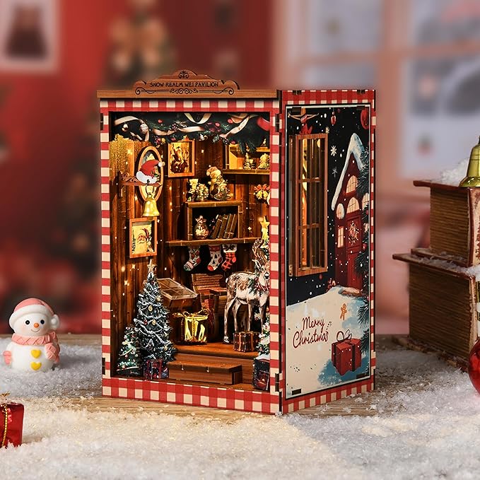 ISSEVE Book Nook Kit, DIY Miniature House Kit for Adults Teen Beginners, Dollhouse Mini Booknook Kits, Tiny House Bookshelf Decoration, 3D Wooden Puzzles Crafts Gifts (Merry Christmas)