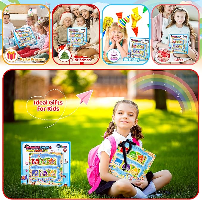 FCSONU Magnetic Color & Shape Maze, Toddler Montessori Toys for 3 4 5 Years Old Boy Girl Birthday Gifts, Wooden Magnetic Board for Kids Puzzles, Color Shape Sorting Magnet Toys, Preschool Activities