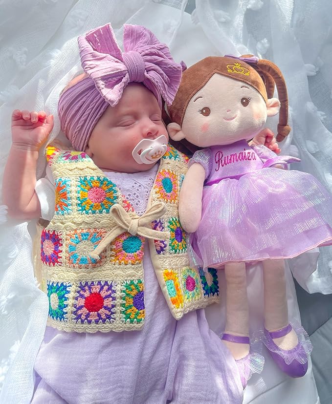 Personalized Soft Baby Doll Toys for Girls (16''), My First Birthday Gift, Christmas Dolls, Leya Doll Baby Rag Doll Plush Toys for Toddler Kids Infants -Princess Coral - Violet