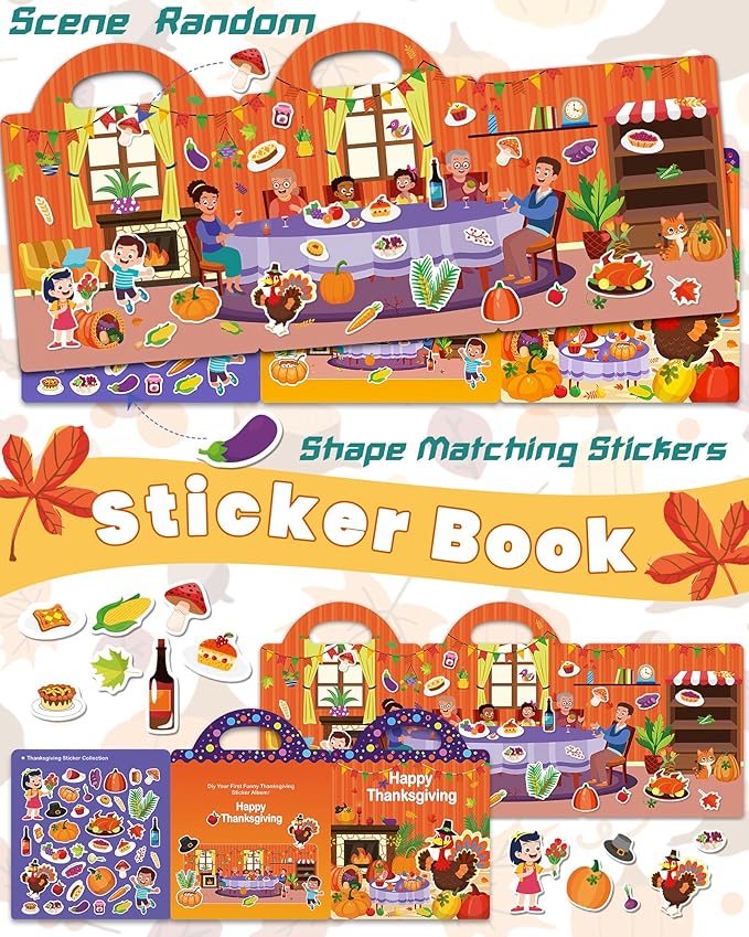 Reusable Sticker Book for Toddlers 2-4 Years, Stickers for Kids, Toddler Craft Activities, Toddler Travel Toys Ages 2+ Boy Girl Birthday Gifts - Thanksgiving
