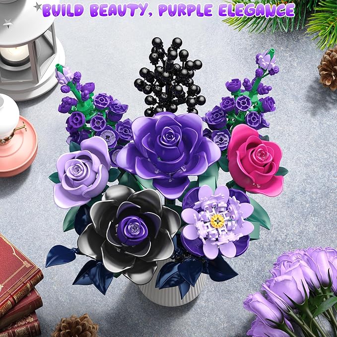Purple Rose Building Blocks Set for Kids, 701PCS Flower Bouquet Toy, DIY Artificial Plant Gift for Girls, Women, Valentine's Day, Birthday, Mother's Day, Halloween Home Decor