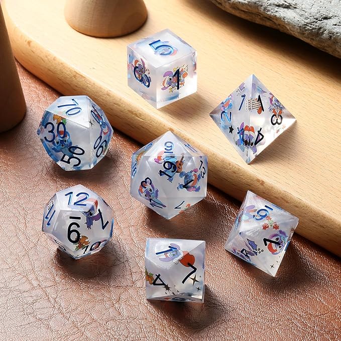 DNDND Carton Dice 7 Piece Sharp Edge Dice Set D&D with Carton Stickers for Dungeons and Dragons D&D Table Games (Silver with Carton)
