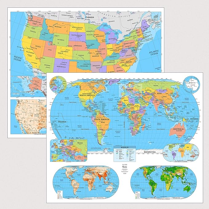 US & World Primary Laminated Classroom Map Pack by BrightWay Educational | 36" x 30" Educational Wall Maps | Grades 1-5 | Bright Colors & Large Fonts | Geographical Features | National Capitals & Major Cities (With Educational Panels)