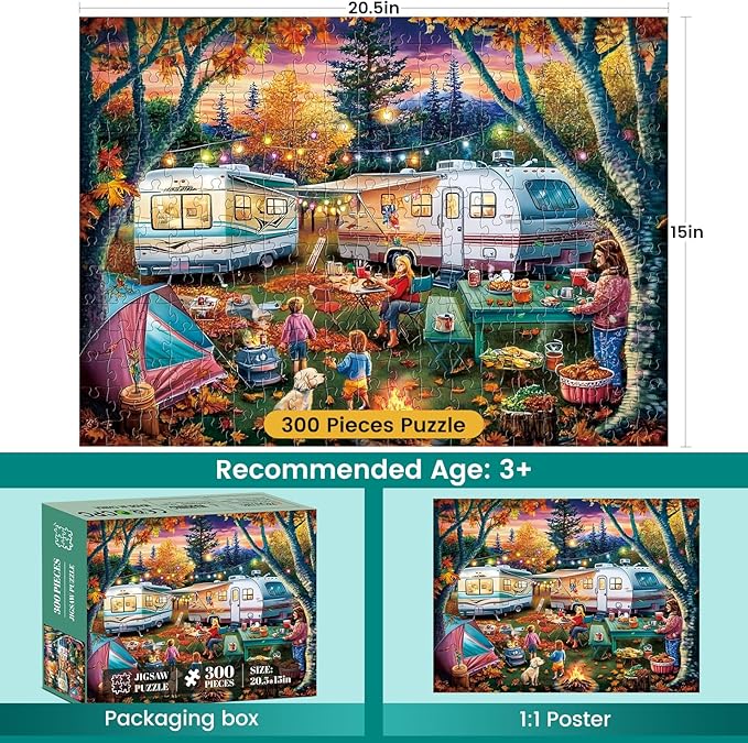 300 Piece Puzzle for Adults,Fall RV Camping Puzzle for Kids Adult Seniors,Fun Outdoor Bonfire Party Jigsaw Puzzle for Kids Ages 8-10 10-12,Challenging Family Game Gift for Friends Men Women,20.5*15 In