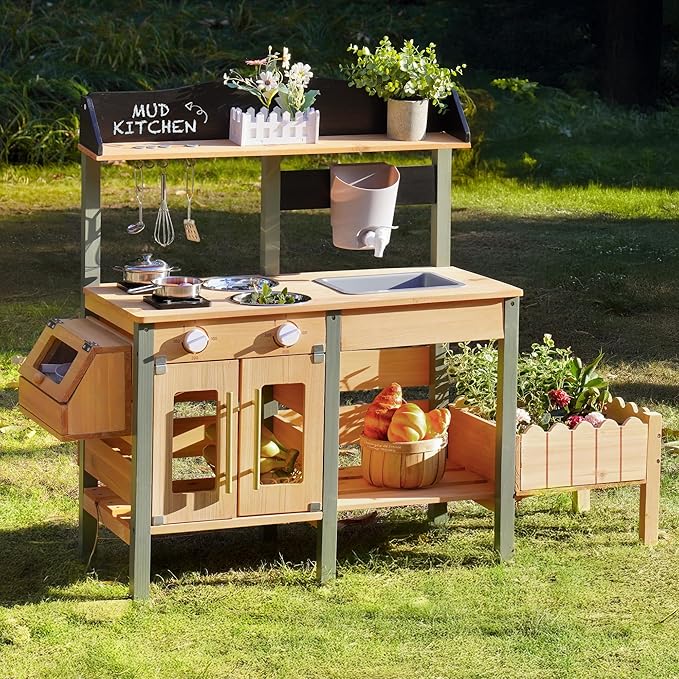 ROBOTIME Mud Kitchen for Kids Outdoor, Wood Outdoor Kitchen with Insect Observation Box & Planter Box, Toddler Play Kitchen with Removable Sink & Faucet, Pretend Outdoor Playset for Garden Fun