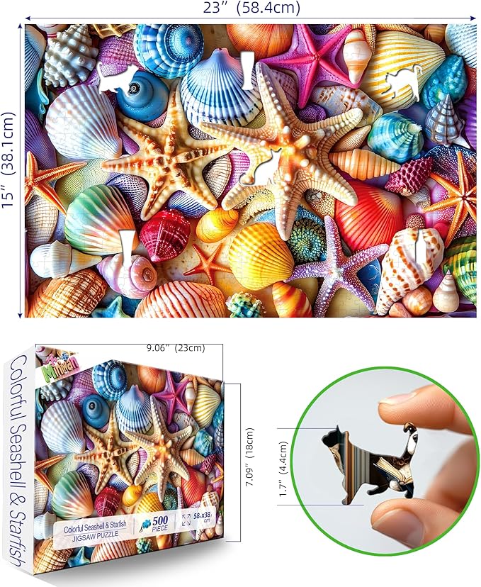 Seashell 500 Piece Puzzle for Adults Colorful Ocean Jigsaw Puzzle with Starfish & Shells, Premium Thick Cardboard, Challenging Yet Relaxing, 23x15 Inch Finished Size, for Puzzle Lovers